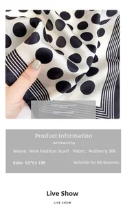 Detail of 53x53cm silk scarf featuring classic black and white polka dot pattern textures