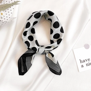 Elegant polka dot silk square scarf with stripe border and soft satin luster finish