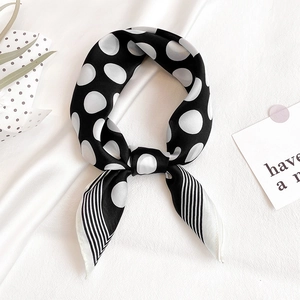 Women Mulberry Satin Square Scarf Polka Dot Striped Border Neck Tie Hair Band Bag Accessory Elegant Retro Fashion Scarf