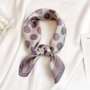 Grey purple polka dot silk scarf with striped edges on soft white background decor