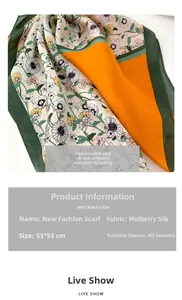 Détail du foulard carré en soie de 53x53cm avec bordure orange et motifs de marguerites