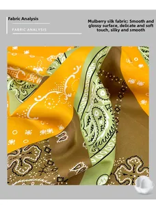 Detail of premium mulberry silk scarf with paisley patterns in orange and green
