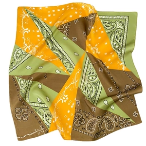Orange and green paisley silk square scarf with bohemian pattern and smooth satin texture