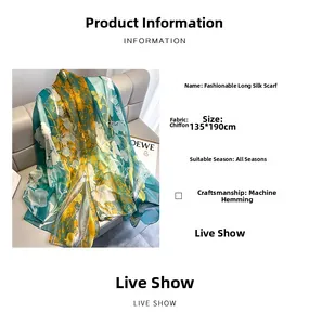 Detail of floral chiffon scarf showing 135x190cm size and machine hemmed craft