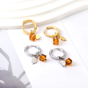 Orecchini a cerchio in acciaio inossidabile oro e argento con cristallo arancione e foglia