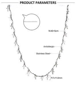 Vue technique du collier croix en acier inoxydable avec dimensions et paramètres de taille