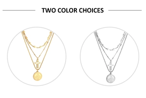 Colliers à trois couches plaqués or 18 carats avec croix et pièce religieuse, or et argent