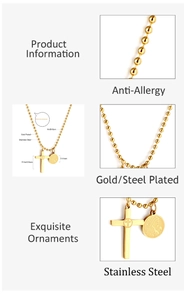 Vue détaillée du collier en acier inoxydable plaqué or 18K avec croix et médaille