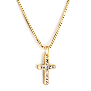 Collier croix dorée serti de zircons sur une fine chaîne maille miroir pour femme
