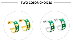 Detail of C-shaped earrings with green enamel and white daisy patterns in two colors