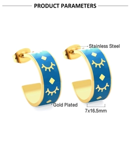 Detail showing blue enamel C-shaped gold-plated stainless steel earrings, size 7x16.5mm