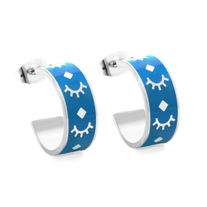 Classic C-shaped blue enamel hoop earrings with eye pattern in silver metal finish