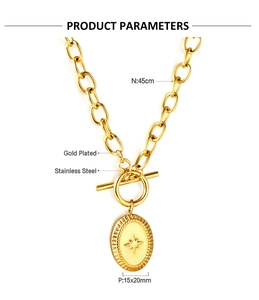 Macro detail of gold plated stainless steel chunky chain necklace with star oval pendant and OT clasp