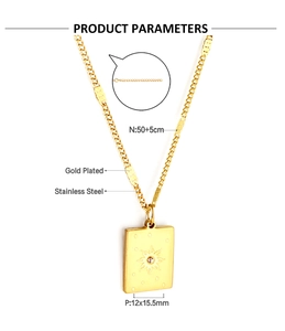 Detailed technical view of a gold plated stainless steel sun pendant necklace with dimensions