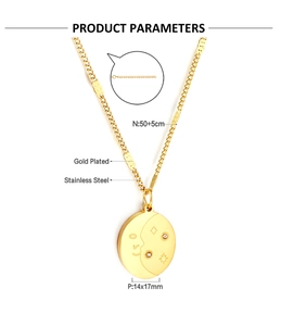 Detail of gold oval sun and moon pendant showing 50cm chain and 14x17mm dimensions