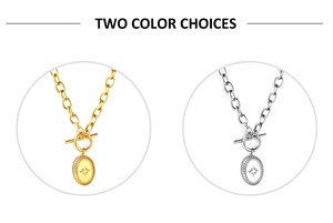Detailed view of gold and silver oval sunburst pendants with toggle clasp closure