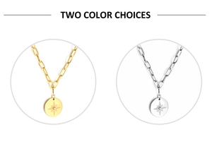 Detailed close-up of gold and silver oval coin necklaces with engraved lucky star design