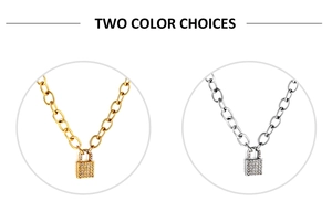 Detailed comparison of gold and silver padlock pendants with pavé crystals on link chains