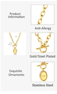 Detailed spec sheet showing 45cm gold plated stainless steel necklace with star pendant