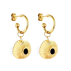Golden C-shaped stainless steel earrings with black shell inlay on a white background