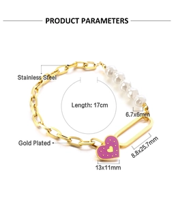 Details zum 17cm vergoldeten Edelstahl-Perlenarmband mit lila Herzanhänger-Verzierung