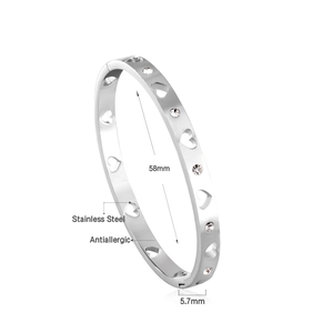 Bracelet jonc cœur évidé en acier inoxydable antiallergique avec strass blancs