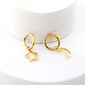 Minimalist gold stainless steel asymmetric earrings featuring star and moon charms