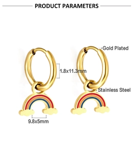 Detailed size and material info for gold plated rainbow earrings in stainless steel