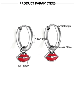 Detail of antiallergic stainless steel earrings with red lip pendant and size specs