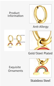 Detail view of gold-plated stainless steel rainbow charm earrings with size measurements