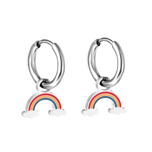 Cute silver rainbow and cloud dangle hoop earrings in polished stainless steel