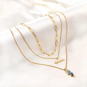 Layered Stainless Steel Necklace With Cloud And Gradient Blue Rhinestone Lightning Pendants For Women Paperclip Chain