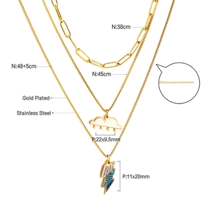 Three-layer gold plated stainless steel necklace with cloud and lightning pendants