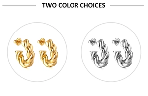 Detail showing gold and silver twist hoop earrings with a textured spiral design