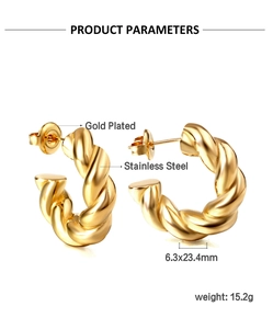 Detailed product parameters of 18K gold plated twisted C-shape stainless steel earrings