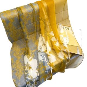 Floral print silk scarf with yellow and grey marble pattern for women beach style