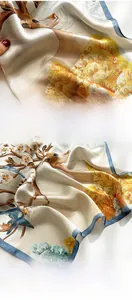 Detail of digital printed silk scarf featuring elk and birds with premium rolled edges