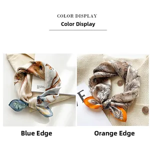 Detail showing blue and orange vintage printed silk scarves with premium stitched edges