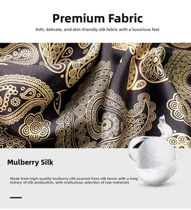 Macro shot of premium black mulberry silk scarf with intricate golden paisley patterns