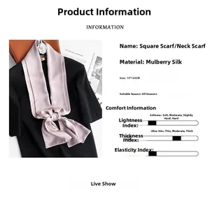 Close-up of elegant lavender pure mulberry silk scarf showing 15x150cm dimensions
