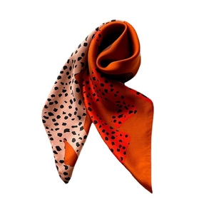 70cm silk square scarf featuring vibrant orange leopard print and polka dot pattern