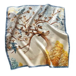 Elegant mulberry silk square scarf with floral and deer print in champagne gold and blue