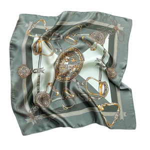 Elegant silk scarf with olive green equestrian chain pattern and gold emblems