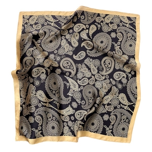 Elegant black and gold paisley mulberry silk scarf with luxurious wide satin border finish