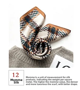 Detailed view of 12 momme silk scarf with classic brown houndstooth pattern and hand-rolled edges