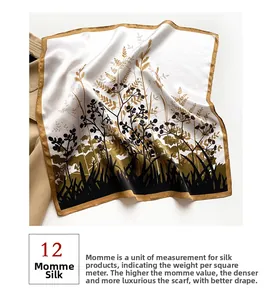 Detailed view of 12mm silk square scarf with gold floral pattern on premium fabric