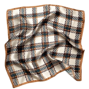 Elegant mulberry silk plaid square scarf with houndstooth pattern in beige and brown