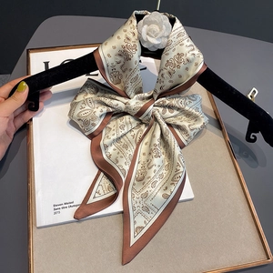 Elegant paisley silk scarf in beige and brown with white camellia flower decoration