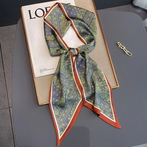 Elegant navy blue paisley silk-like scarf with yellow patterns and rusty red borders