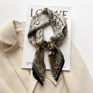 Elegant silk square scarf with vintage paisley print in champagne and beige hues